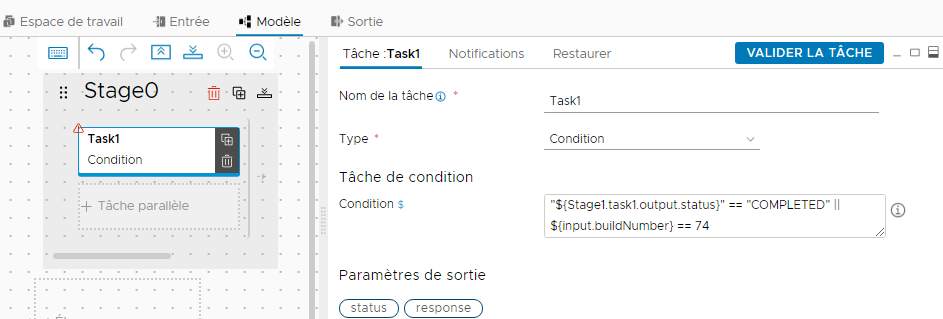 Ajoutez une tâche Condition avec une expression de condition évaluée à true ou false lors de l'exécution du pipeline.