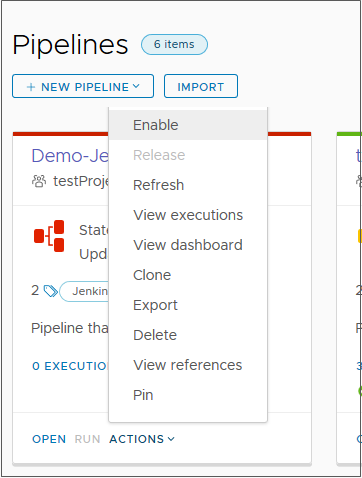 Dans le menu Actions sur la fiche de pipeline, vous devez activer le pipeline avant de pouvoir l'exécuter.