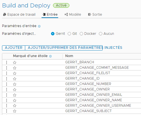 Les paramètres d'entrée Gerrit que vous pouvez injecter dans le pipeline s'affichent dans l'onglet Entrée.