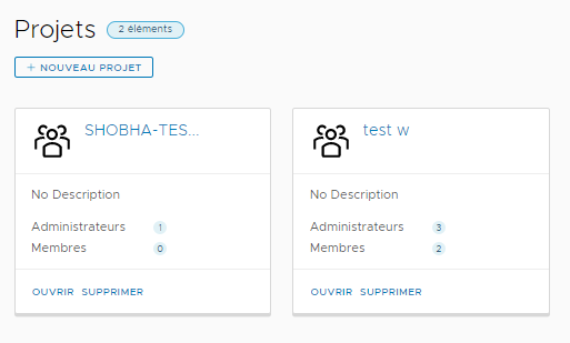 Les projets dans Automation Pipelines figurent sur une fiche, et indiquent le nombre d'administrateurs et de membres du projet.