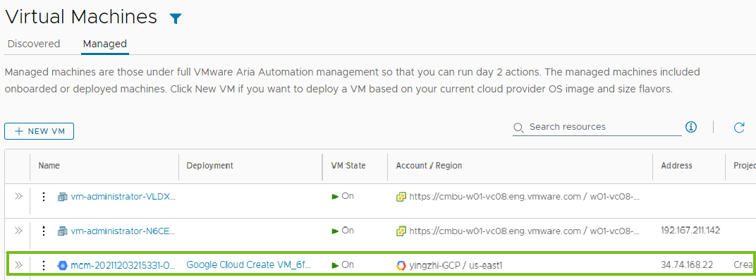 Capture d'écran de la page Machines virtuelles avec la VM mise en surbrillance.