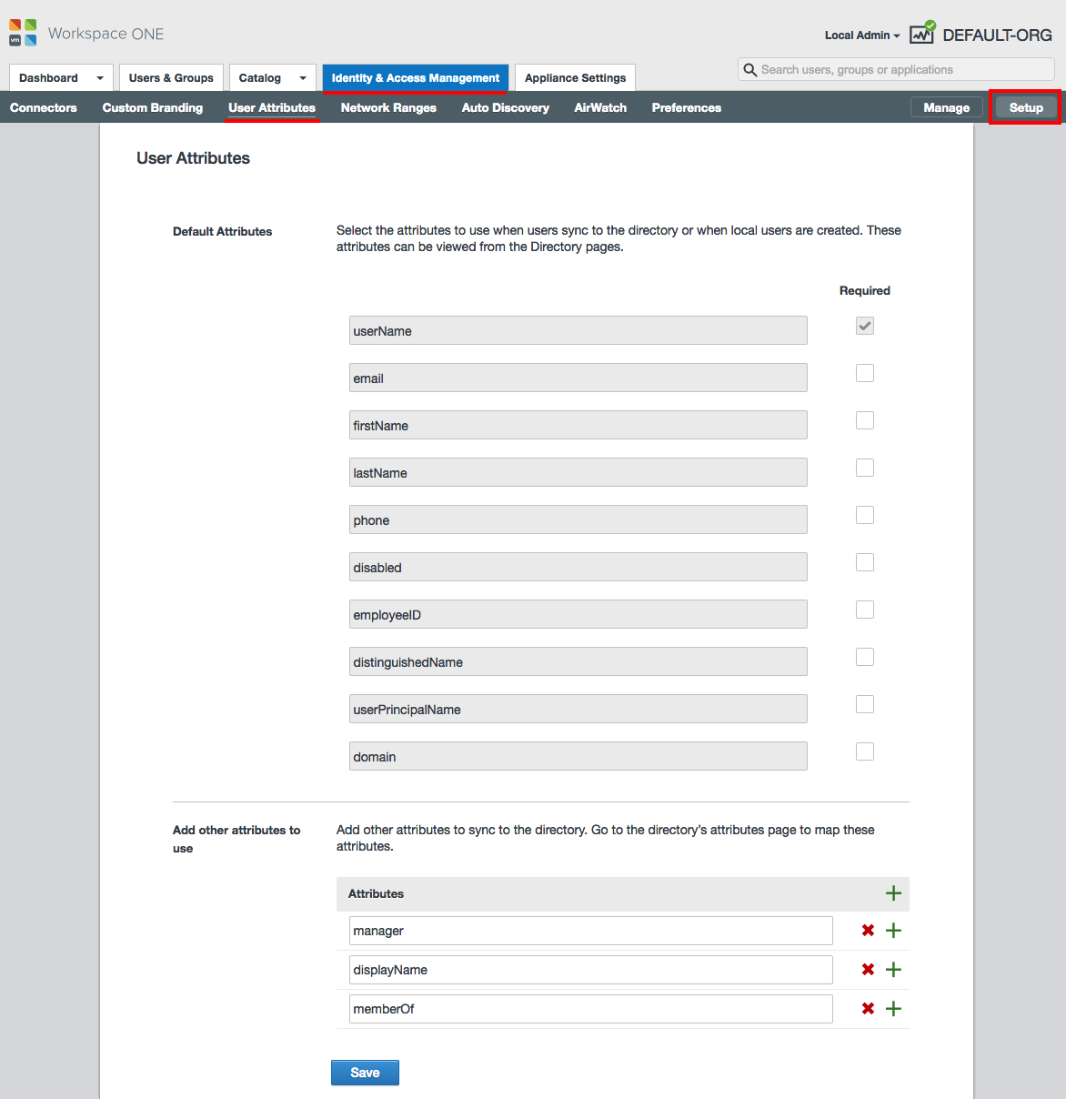 Capture d'écran de la page des attributs d'utilisateur avec les valeurs décrites dans les sous-étapes suivantes.