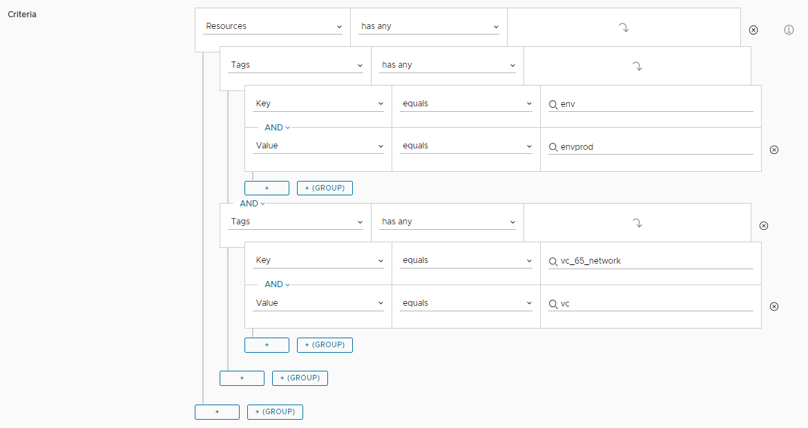 Exemple d'expression de critère de déploiement à clés multiples et valeur unique telle qu'elle s'affiche dans l'interface utilisateur.