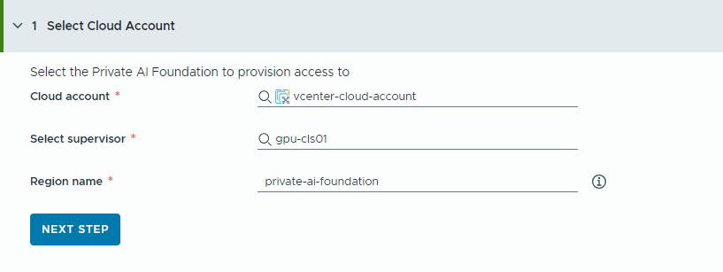 L'étape 1 de l'assistant de configuration de catalogue consiste à sélectionner un compte de cloud.