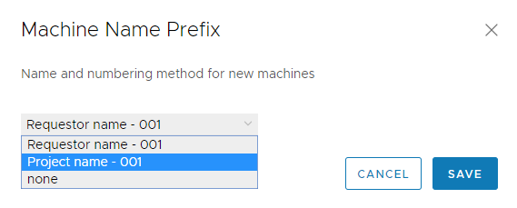 Sélectionnez le préfixe de nom de machine que vous souhaitez appliquer lorsque des ressources sont déployées.