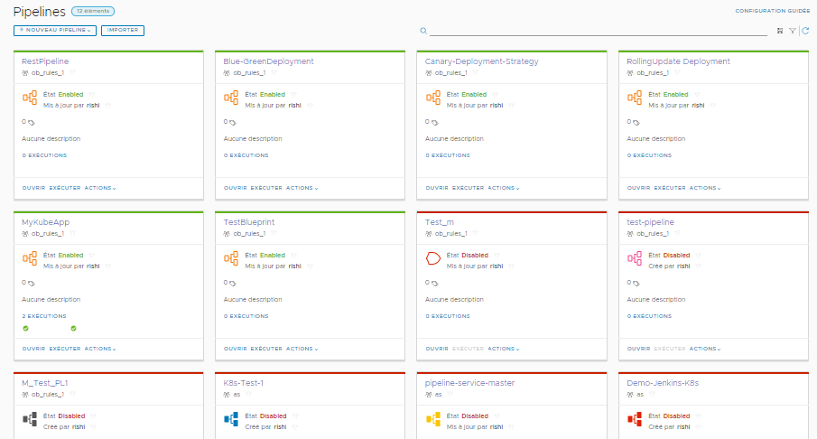 Des exemples de fiche de pipeline s'affichent dans Automation Pipelines avec les options Exécuter et Ouvrir et le menu Actions.