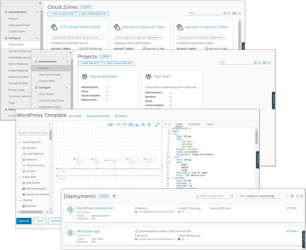 Exemples de captures d'écran de modèles de cloud et de déploiements.