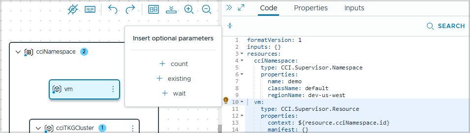 Cliquez sur l'ampoule dans le panneau Code pour ajouter des paramètres facultatifs.