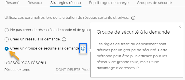 Option "Créer un groupe de sécurité à la demande" sélectionnée dans l'interface utilisateur du profil réseau.