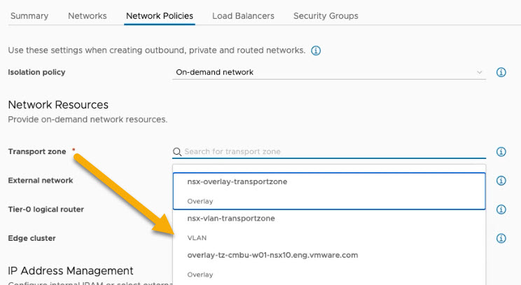 sélection d'une zone de transport reposant sur VLAN