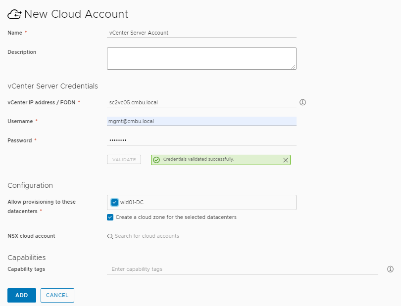 Page de configuration de comptes de cloud vCenter avec des exemples de valeurs.