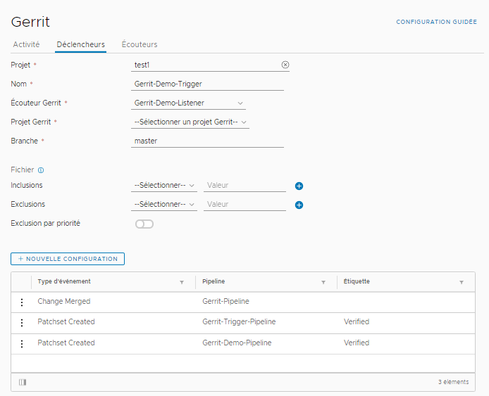La configuration de l'écouteur et du déclencheur Gerrit inclut les types d'événements et les pipelines qui peuvent être déclenchés.
