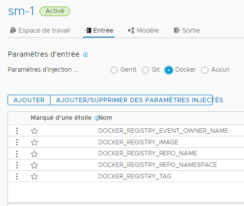 Lorsque vous ajoutez des paramètres d'entrée à un pipeline, vous cliquez sur l'onglet Entrée et sélectionnez le type de paramètres, tel que Gerrit, Git ou Docker.