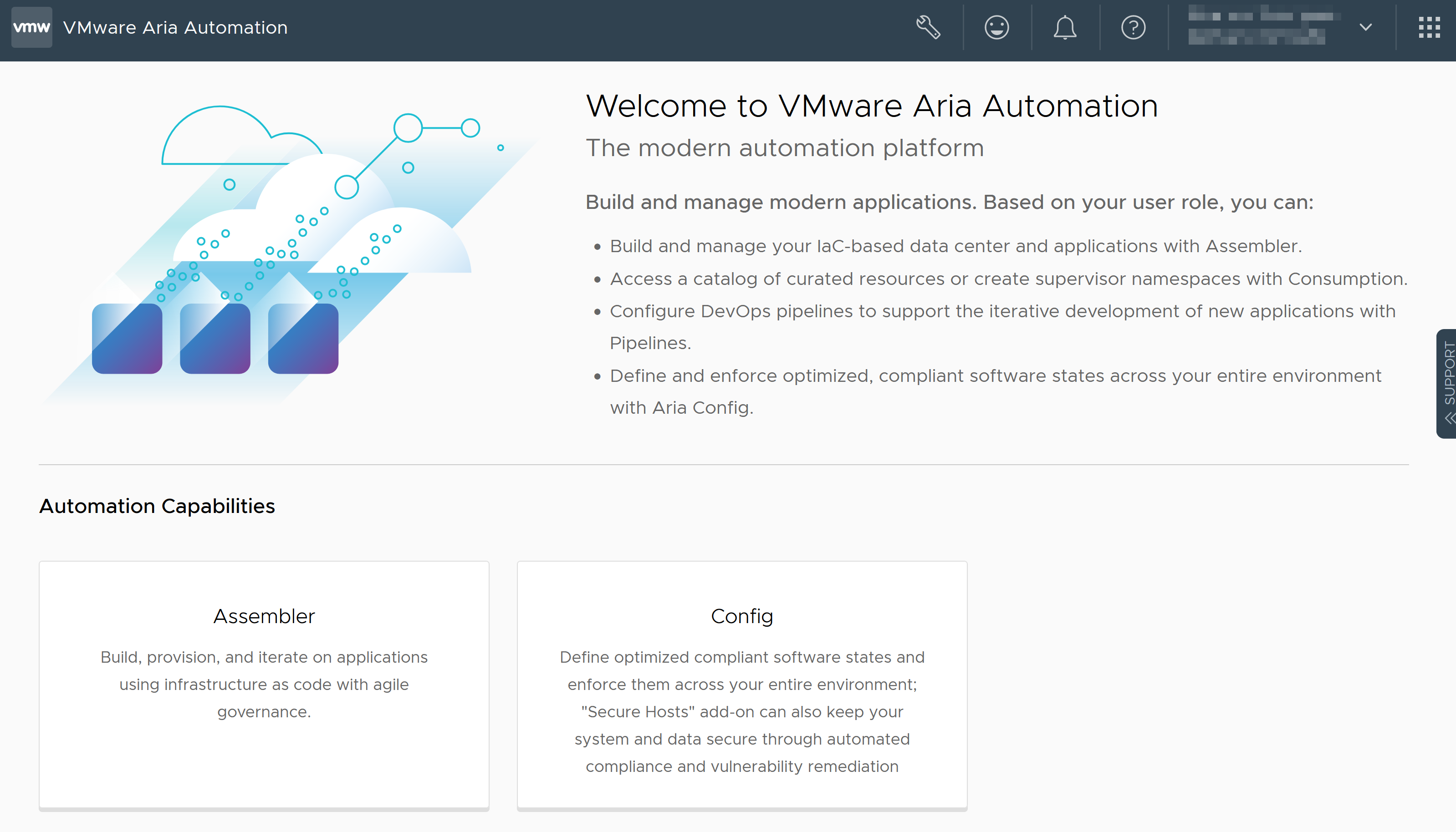 Page de lancement de VMware Aria Automation