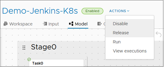 Dans le menu Actions de la configuration du modèle de pipeline, vous pouvez publier le pipeline.