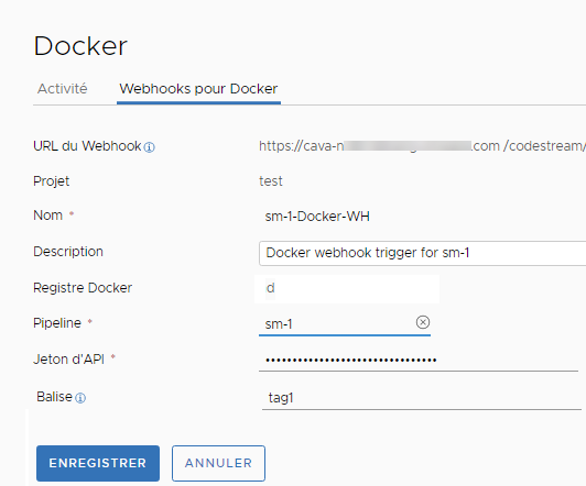 Lorsque vous créez un Webhook pour le déclencheur Docker, vous devez fournir un jeton d'API qui vous authentifie pour les connexions d'API externes avec Automation Pipelines.