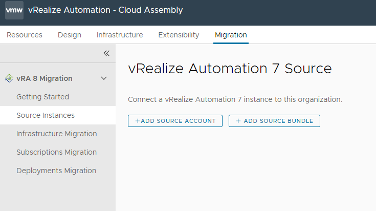À partir de la page Source vRA 7, vous pouvez ajouter un compte source ou un bundle source.
