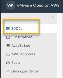 L'écran indique le SDDC sélectionné dans le menu de la barre latérale de l'application.
