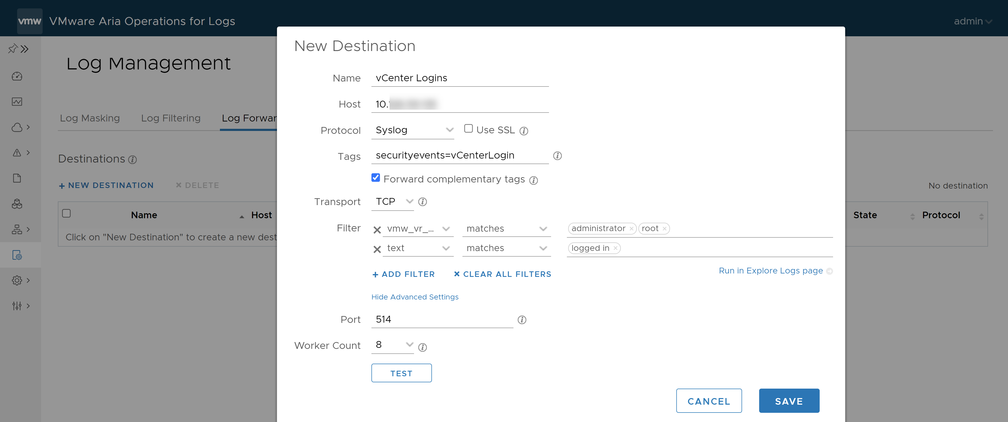 Configuration d'une nouvelle destination du redirecteur de journaux.