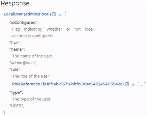 Réponse de l'API pour LocalUser (admin@local).