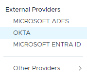 Menu Fournisseurs externes comprenant Okta.