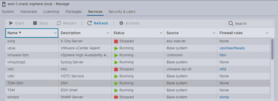 Onglet Services d'un hôte ESXi dans VMware Host Client.