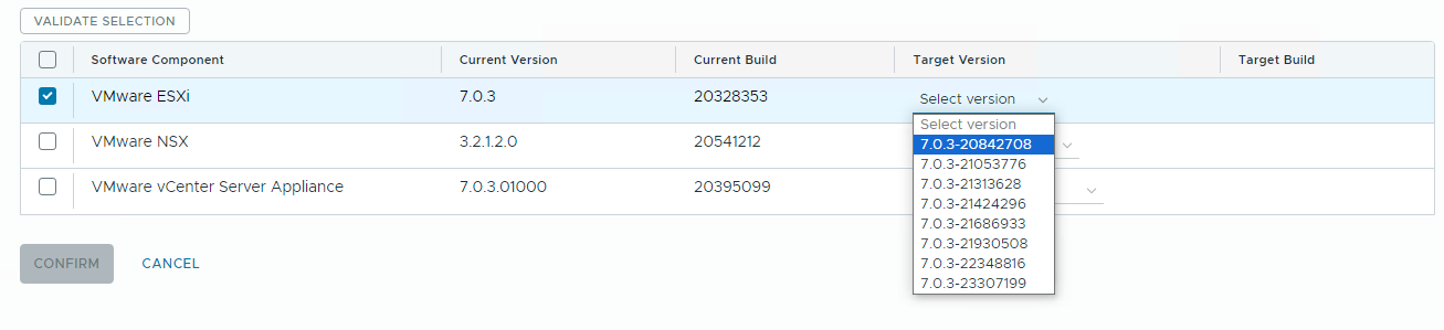 Image montrant les menus déroulants qui permettent de sélectionner des versions cibles spécifiques pour chaque composant de nomenclature VCF.