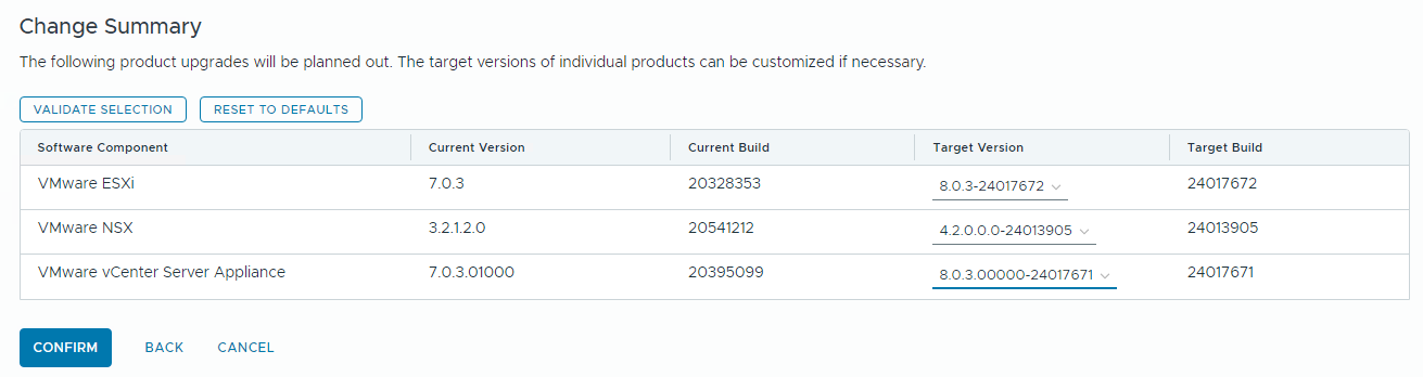 Image montrant les menus déroulants qui permettent de sélectionner des versions cibles spécifiques pour chaque composant de nomenclature VCF.