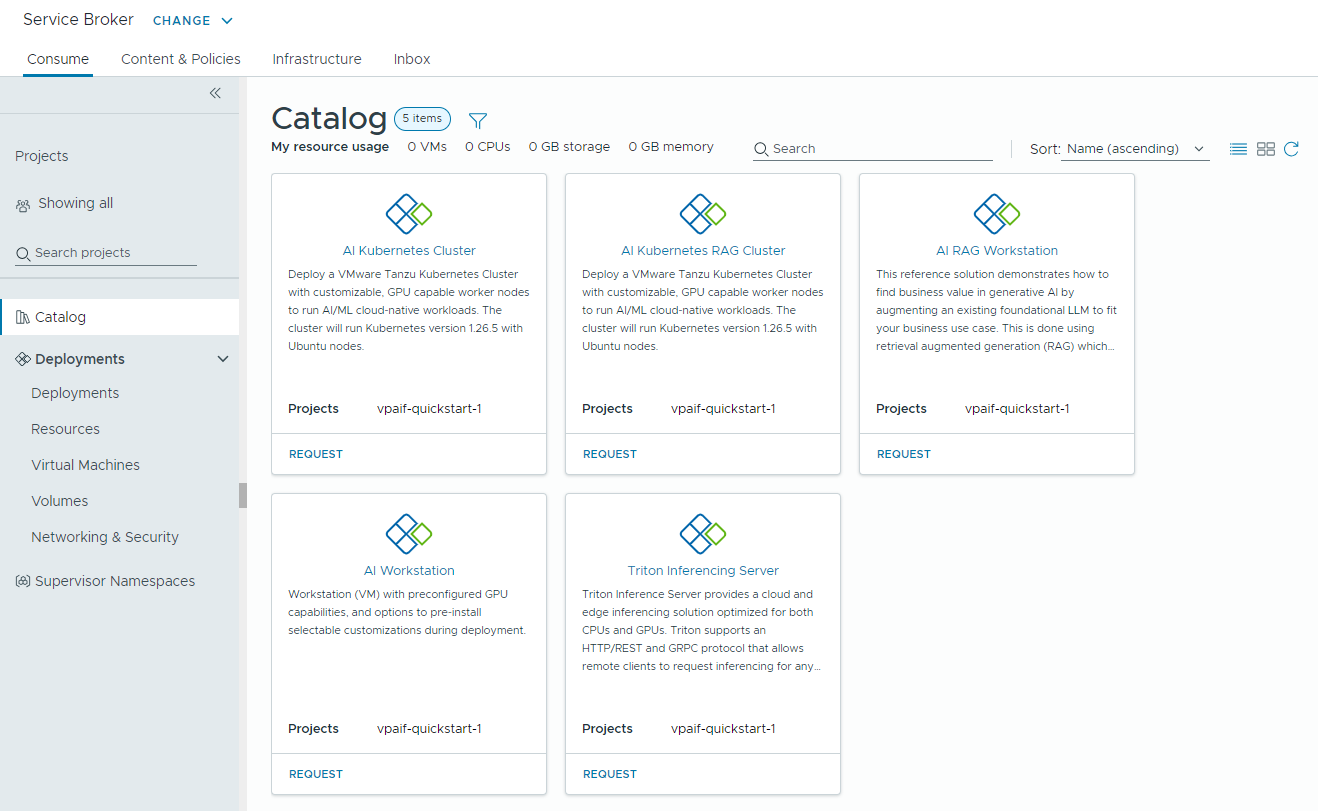 Vue de la page Catalogue Service Broker avec les éléments du catalogue Private AI Foundation.