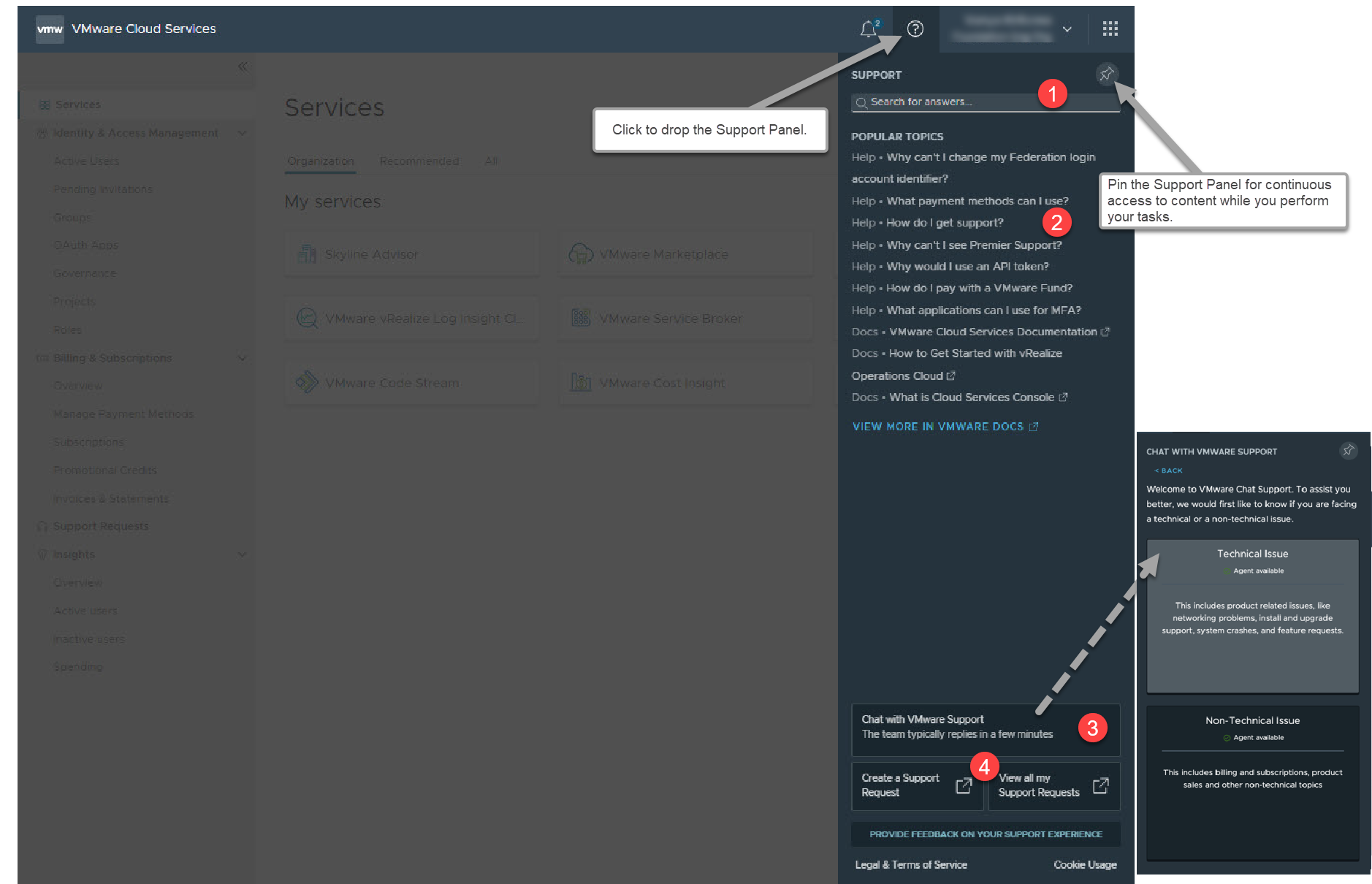 Explication des sections et boutons du panneau Support.