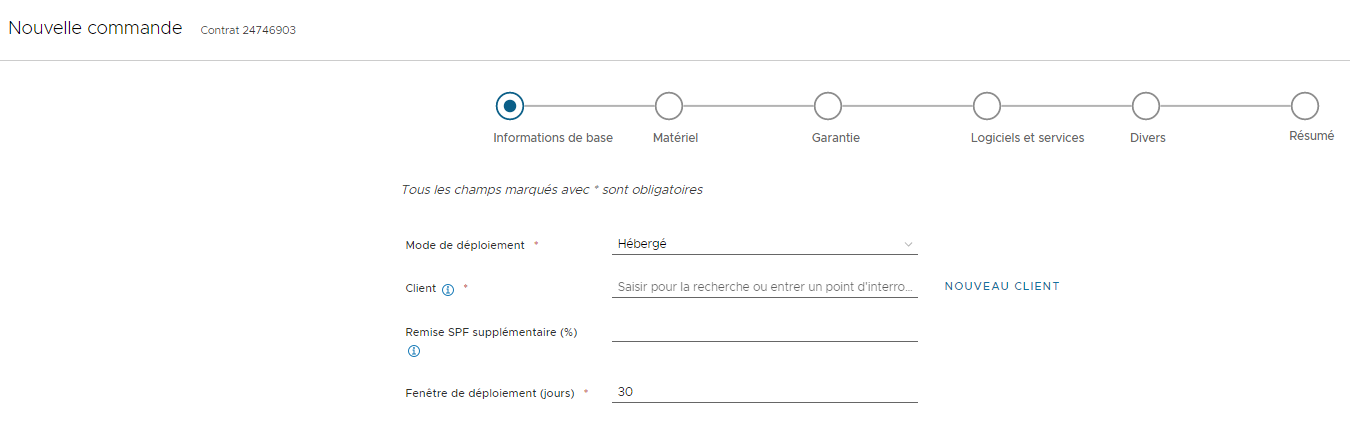 Affichage de la page Informations de base de l'assistant de nouvelle commande.