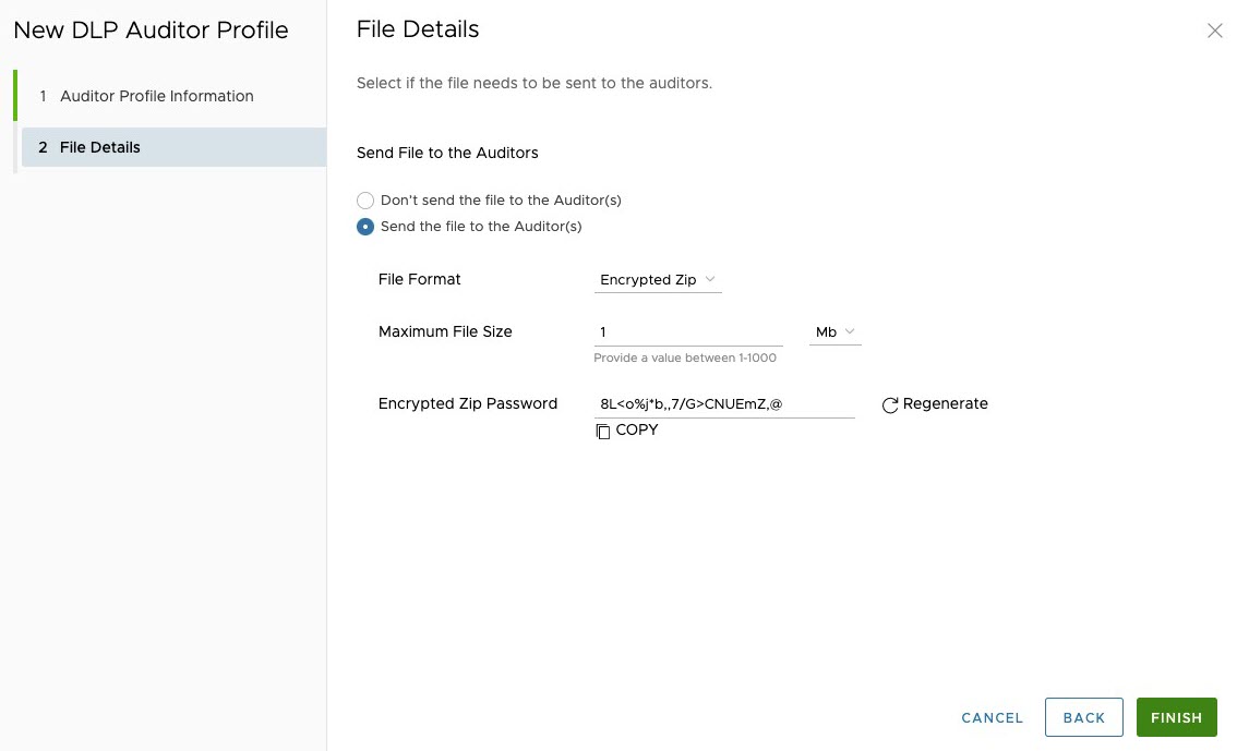 Nouveau profil d'auditeur DLP, écran de configuration Détails du fichier (File Details).