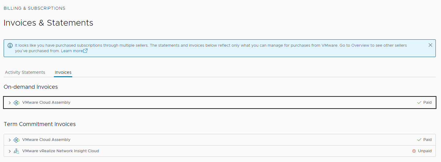 Exemple de page Factures dans la console Cloud Services indiquant les factures à la demande et d'engagement à terme.