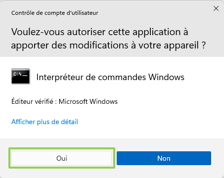 Sélectionnez Oui pour permettre la poursuite de Windows Command Processor.