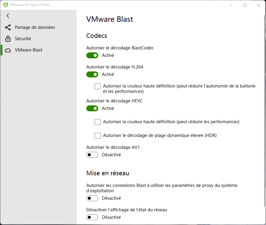 Les paramètres de VMware Blast incluent des contrôles permettant de spécifier des options de décodage