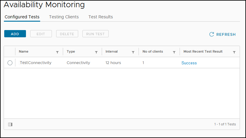 Capture d'écran de la page Surveillance de la disponibilité après la configuration du test initial