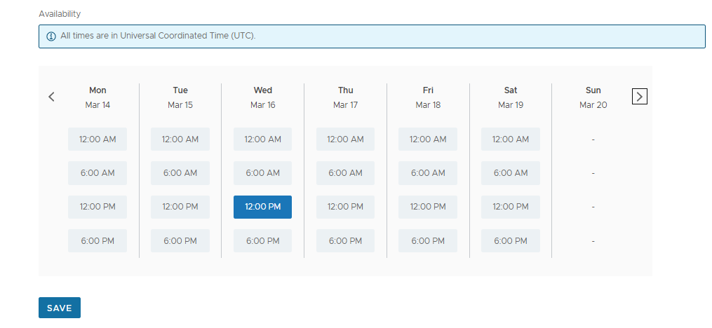 Capture d'écran du calendrier avec le créneau horaire du mardi 15 mars à 12 h 00 sélectionné et le bouton Enregistrer disponible