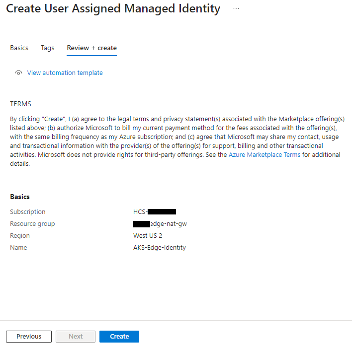 Capture d'écran de l'étape finale de création de l'identité gérée attribuée par l'utilisateur.