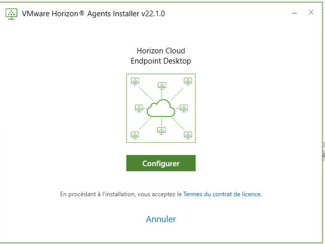 Capture d'écran de l'écran initial qui s'affiche pour Horizon Agents Installer sur une machine virtuelle cliente Windows 10