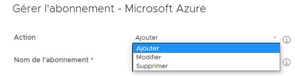 Capture d'écran de la fenêtre Gérer l'abonnement - Interface utilisateur de Microsoft Azure qui affiche la liste des options sous Action, c'est-à-dire Ajouter, Modifier et Supprimer.