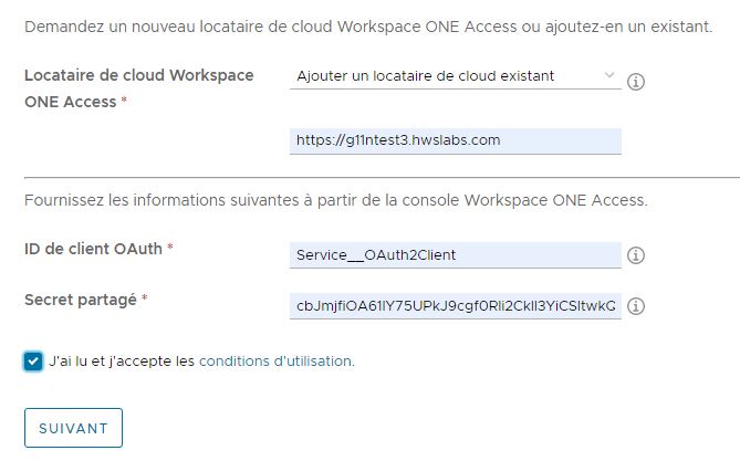 Capture d'écran illustrant des exemples d'informations entrées dans l'étape 1 de l'assistant pour ajouter un locataire de cloud Workspace ONE Access existant.