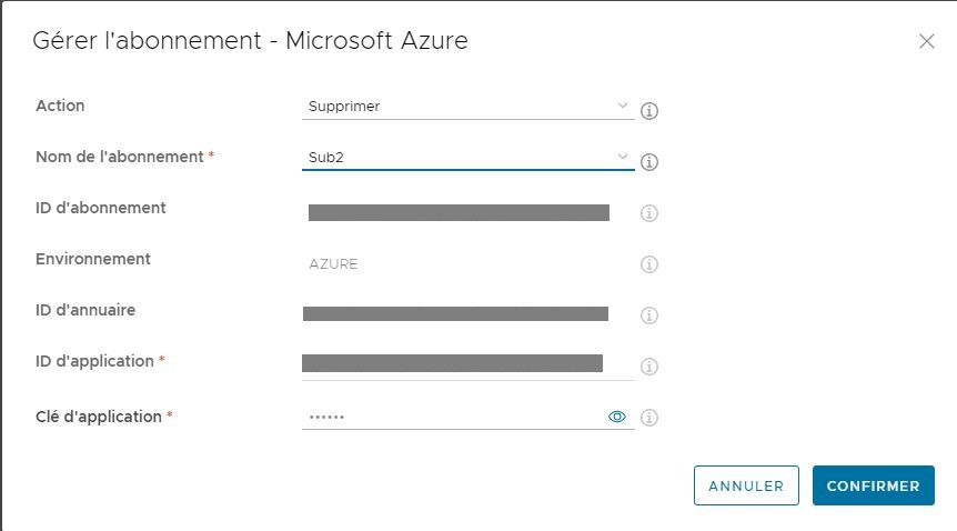 Capture d'écran de la fenêtre Gérer l'abonnement - Interface utilisateur de Microsoft Azure avec le menu Action défini sur l'option Supprimer et le menu Nom de l'abonnement défini sur un abonnement nommé sub2, avec des flèches vertes pointant vers cette option Supprimer et le nom sub2.