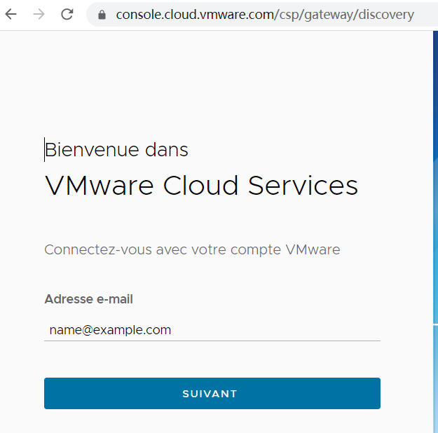Capture d'écran de l'écran de connexion VMware Cloud Services.