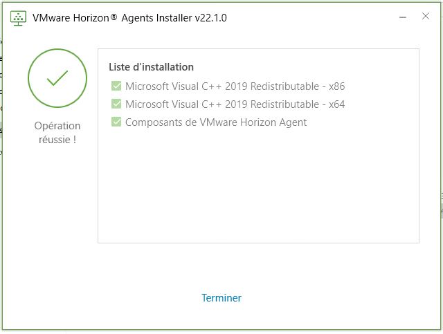 Capture d'écran de l'écran final qui s'affiche à la fin de l'exécution d'Horizon Agents Installer sur une machine virtuelle compatible Windows RDSH
