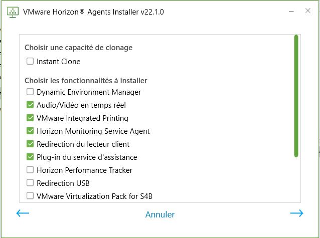 Capture d'écran du haut de l'écran d'options qui s'affiche lors de l'exécution d'Horizon Agents Installer sur une machine virtuelle compatible Windows RDSH