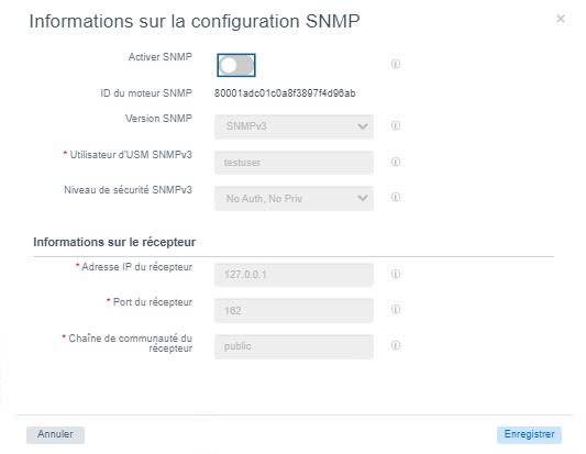 Boîte de dialogue Informations sur la configuration SNMP dans son état initial par défaut