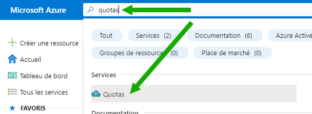 Cette capture d'écran affiche la barre de recherche du portail Azure avec le terme « quota » dans la recherche et les résultats de la recherche indiquant l'icône Quotas.