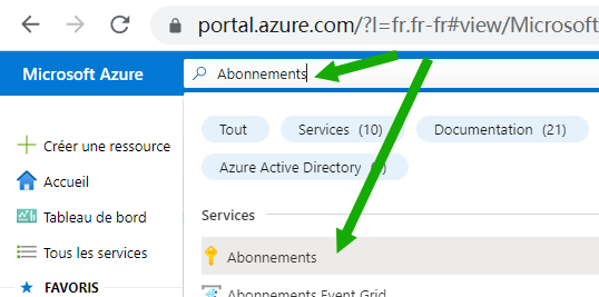 Cette capture d'écran affiche la barre de recherche du portail Azure avec le terme « abonnements » dans la recherche et les résultats de la recherche indiquant l'icône Abonnements.