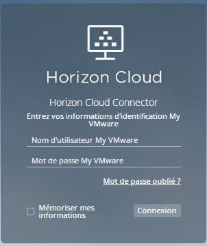 Exemple d'écran de connexion rempli avec les informations d'identification de compte My VMware appropriées.
