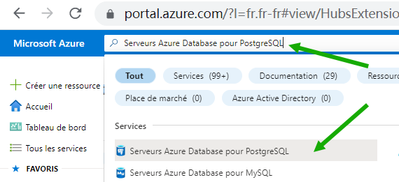 Capture d'écran qui montre la barre de recherche du portail Azure et la recherche du serveur Azure Database pour PostgreSQL.